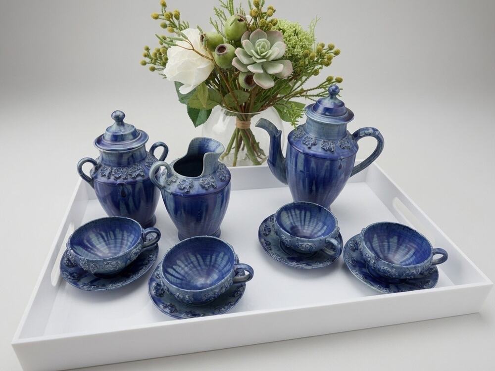 Vintage 1950 Cobalt Blue Ceramic, Exquisite, Delicate, Tea Set - 13 pcs